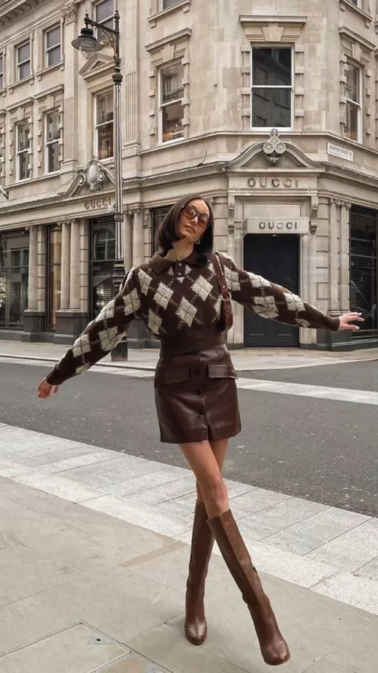 Argyle Sweater with Brown Mini Skirt 